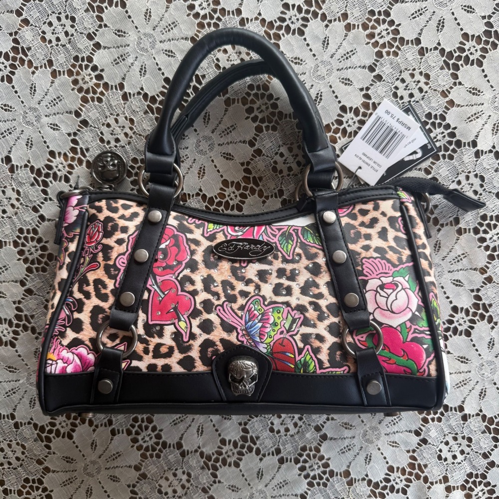 Ed Hardy Leopard Traditional Tattoo Skull Satchel Crossbody Grunge Y2K Handbag